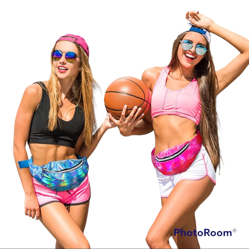 NWOT XUNIEA 80's Holographic Pink & Blue Fanny Packs, Reflective Belt/Waist Bags